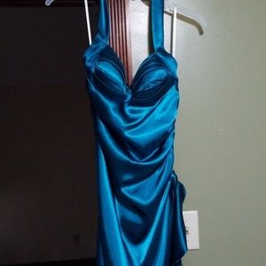 Teal satin evening dress